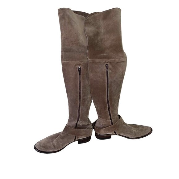 Barneys Co-Op Suede Over The Knee Boots Womens Size 7.5 Ankle Strap Zipper Taupe - Picture 3 of 12